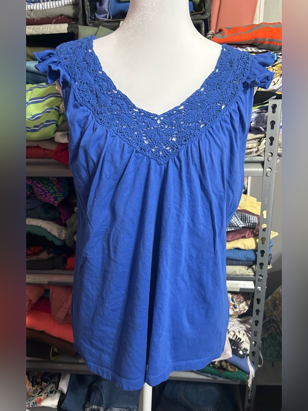 Lauren Ralph Lauren Royal Blue Crochet V-Neck Cap Sleeve Top Size Large